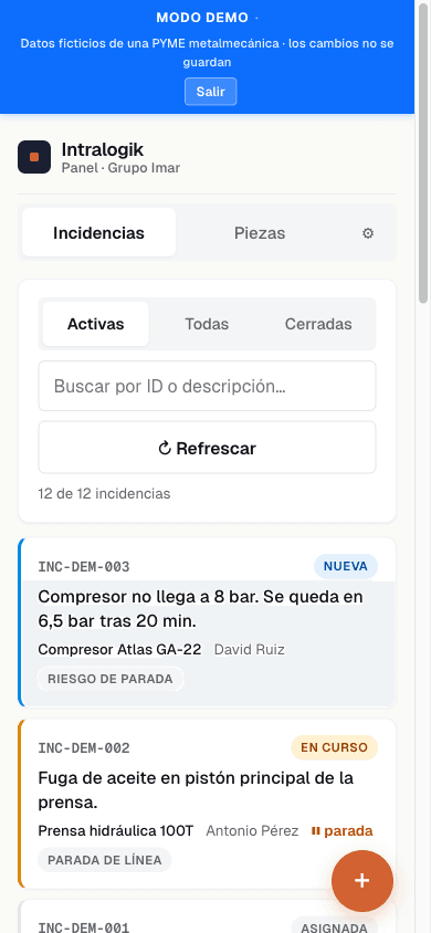 Panel de incidencias de Intralogik en vista móvil mostrando las incidencias activas con sus máquinas, operarios, prioridades e indicadores de parada — el mismo flujo que activa el QR escaneado por el operario en planta